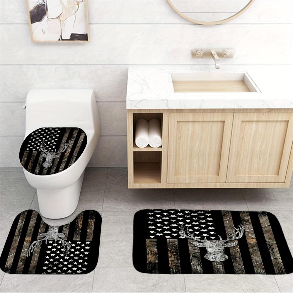 [Complete Modern Waterproof Bathroom Set] Black And White Deer Head Shower Curtain Set Fashion Fabric Shower Curtain Toilet U-Sh