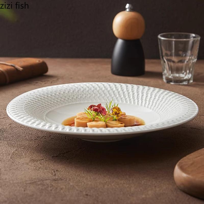 Pure White Relief Texture Ceramic Deep Bowl Salad Bowl Dessert Bowl Pasta Bowls Thick Soup Bowls Restaurant Specialty Tableware