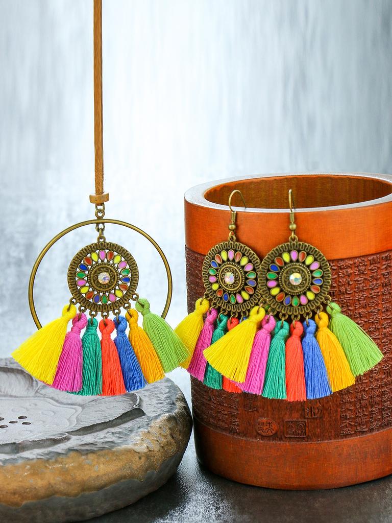 Bohemian style ethnic characteristic hollowed out carved pendant with tassel earrings necklace set combination