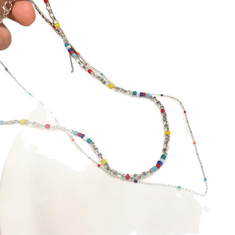 Colorful Dopamine-Inspired Choker: Light Luxury Silver Beaded Necklace for Women