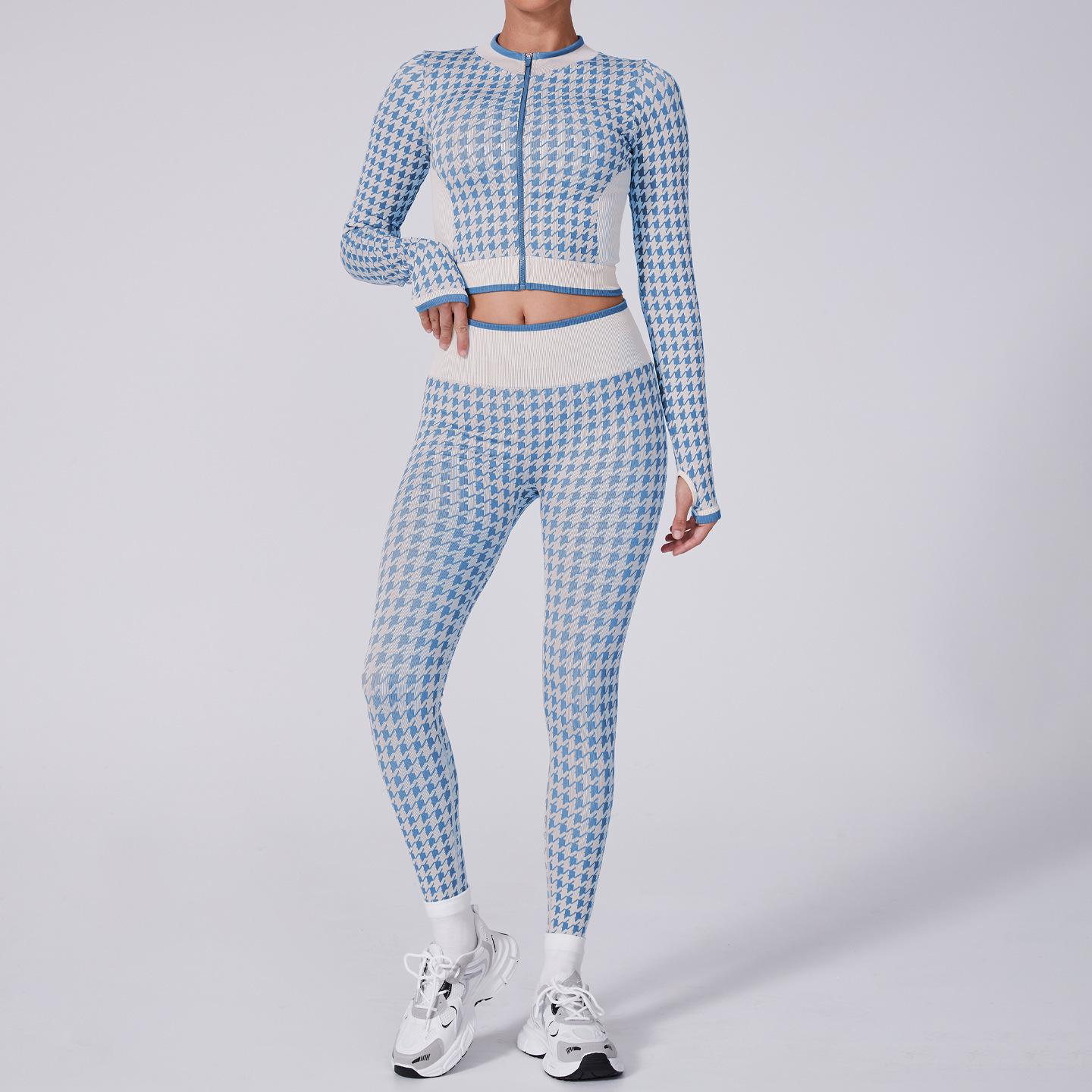 JYL Flower Print Zip Yoga Set Long Sleeve Pants Fitness S яблочный зеленый