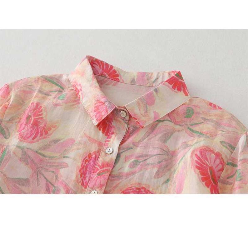 Autumn Pink Floral Shirt Linen Small Shirt French Literary Printing Shirt All-match Women