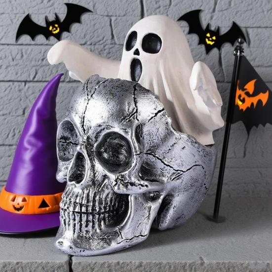 Mini Skull Head with Ghost Figurine Spooky Skeleton Head Ghost Halloween Decor for Gothic Porch Indoor Office Desk Tabletop Mantel Decoration