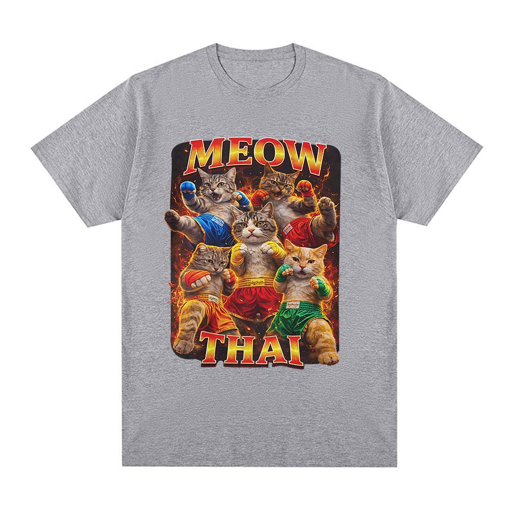 Meow Thai T-Shirt Muay Thai Katze Meme Ironisch Kampfsport Katze T-Shirts Herren Damen Sommer Mode Kurzarm Baumwolle T-Shirts