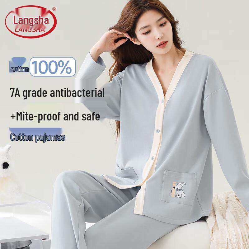 Langsha Women s Long Sleeve Antibacterial Pure Cotton Quilted Pajama Set L