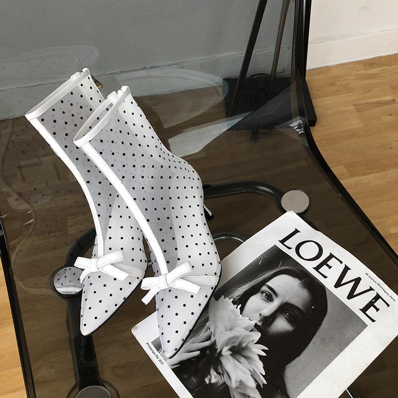 Mode Mode Damen Stiefeletten Spitzschuh Kurze Stiefel Spitzschuh Schleifendesign Dünne Niedrige Absätze Reißverschluss hinten Mode Stiefel Air Mesh Stiefel