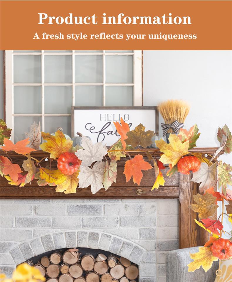 Autumn Harvest Maple Leaf & Pumpkin Vine Wreath for Living Room Decoration, Artificial Flowers & Greenery