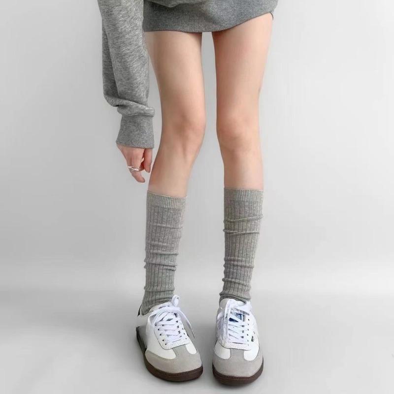 Calf Socks Pile Socks Autumn Thin Vertical Striped Long Tube Women's School Style Casual Sports White Mid-tube Socks