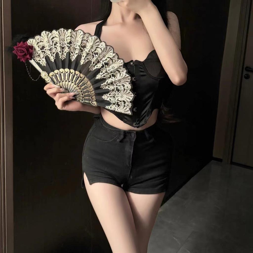 New Lolita Lace Folding Fan, Gorgeous Retro European Rose Fan, Tea Party Dark Style, Anime Expo Cosplay Prop