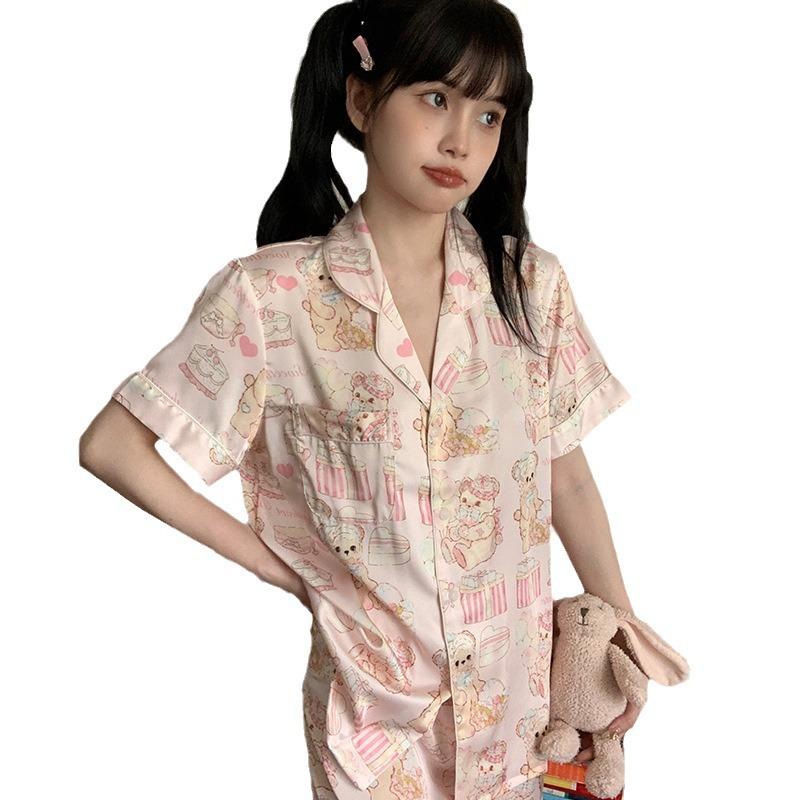 New Pajamas Women's Ice Silk Summer Short-sleeved Three-piece Silk [cake Bear] Loungewear Set Can Be Worn Outside