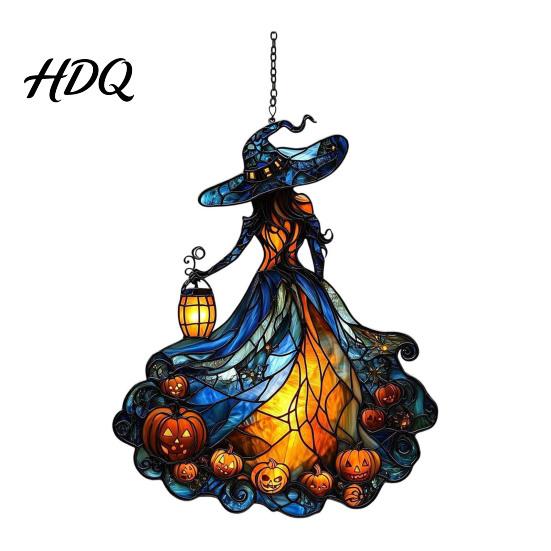Unique Witch Themed Room Accents Acrylic Suncatcher Stained Glass Effect Window Car Hanging Ornament Gothic Scary Halloween Party Supplies for Home