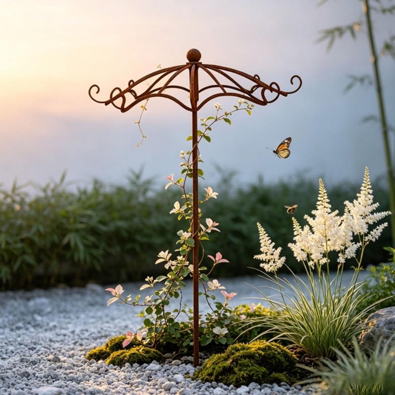 Umbrella Top Climbing Support Trellised for Potted Foliage, Metal Stake with Brown Finish for Balcony Displays, Outdoor Rows, and Small Outdoor