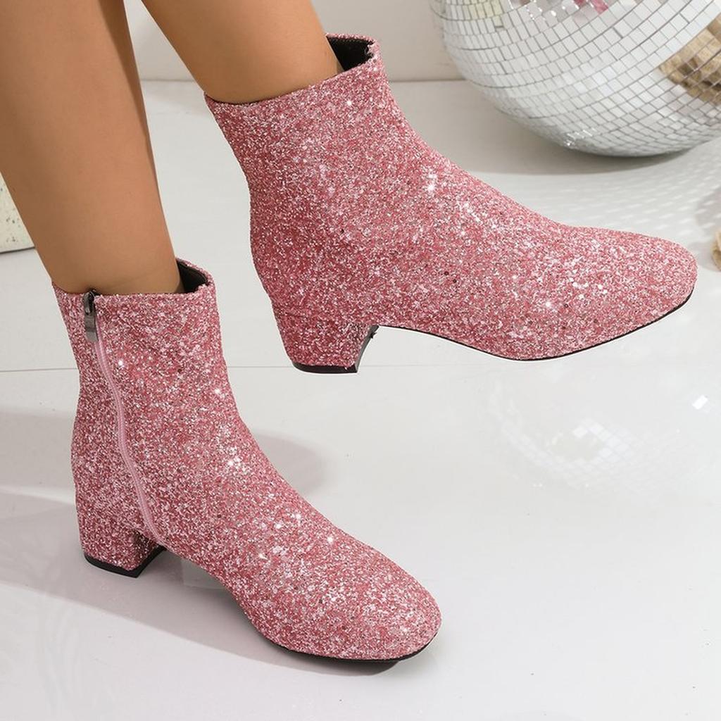 Women's Glitter Sparkly Booties Chunky Heels Boots Side Zipper Block Heeled Short Boots Wedding Bridal Party Dress Shoes