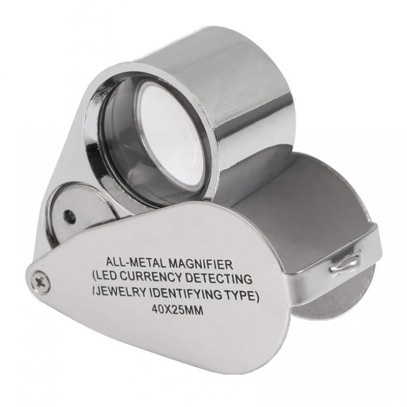 40x 25mm Całkowicie Metalowa Lupa Jubilerska Z Oświetleniem LED Do Detekcji Waluty & Identyfikacja biżuterii