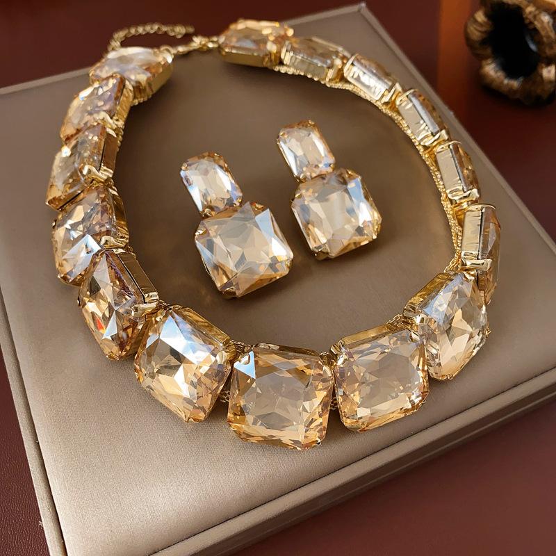 Rhinestone Square Earrings Necklace Exaggerated Temperament Accessories Sets