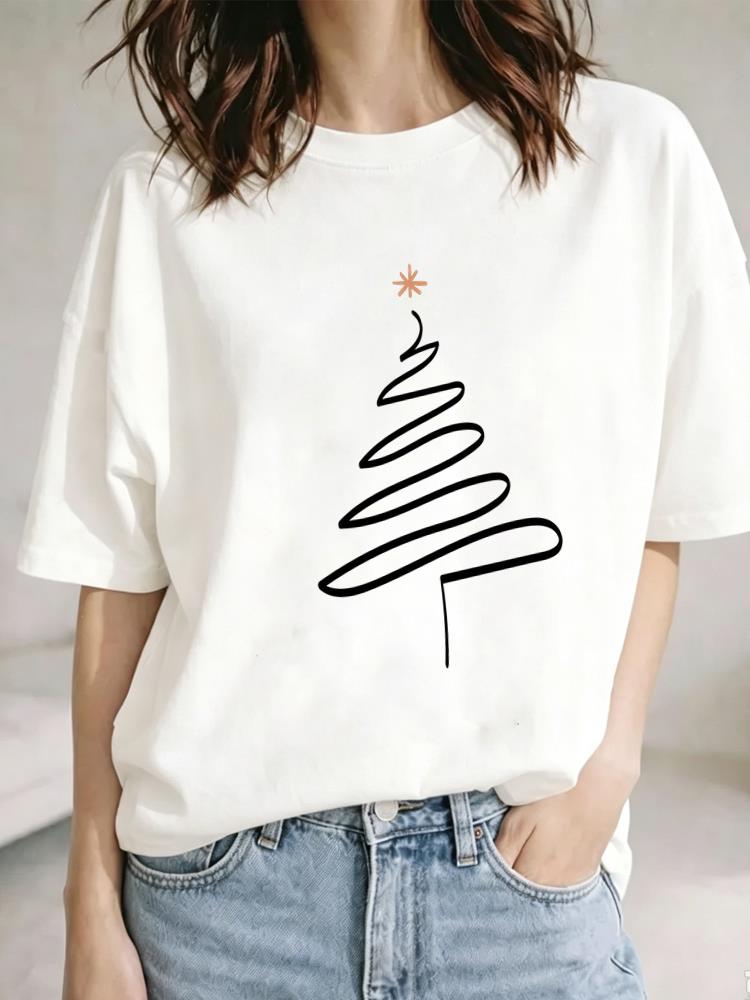 (Asian Size) watercolor sweet cute Christmas Festival Tee Clothing New Year T Shirt Women Fashion Top Print Woman Short Sleeve Graphic T-shirts