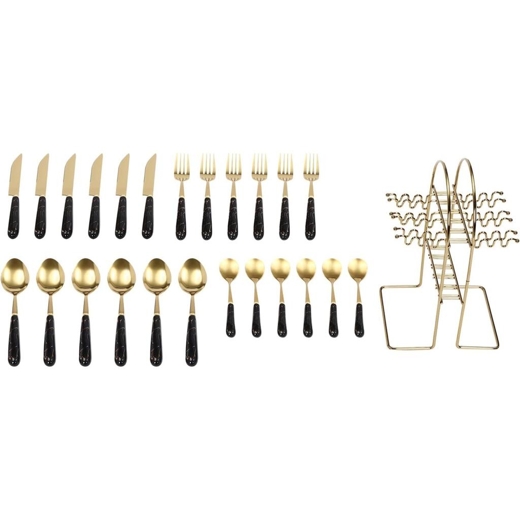 24pcs Mixed Cutlery Set Stainless Steel Ceramic Handle Tableware Dinnerware Set with Storage Stand-Knives/Spoons/Forks/Teaspoons for Family