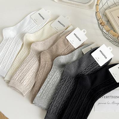 Solid Color Cable Knit Socks for Girls Korean Fashion Simplicirt Cotton Crew Stackable Sock Spring Winter Vintage Non-Slip Sock