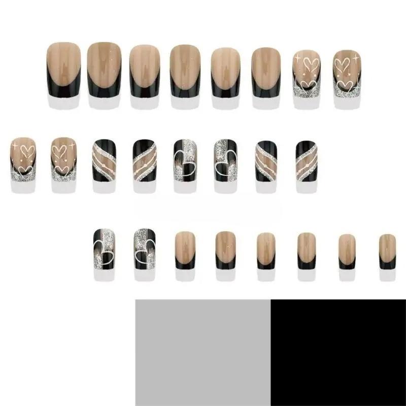 24 Pieces of Chinese Valentine's Day Simple Black and White Silver Graffiti Love Line Design, Wearing Nail Art, Nail Art, Fake Nails
