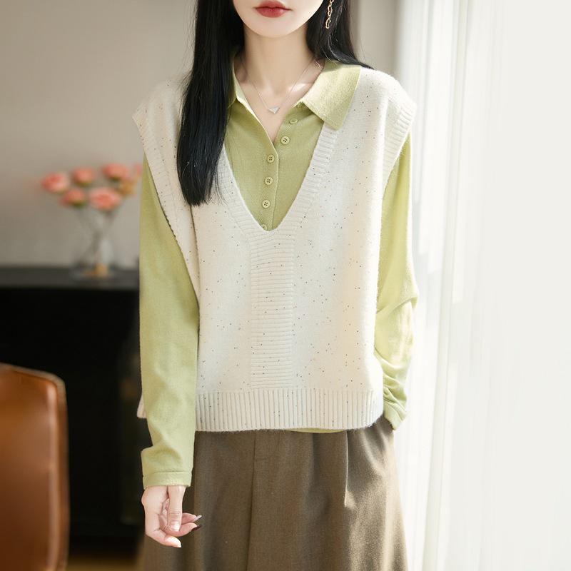 Women's Loose V-Neck Sequin Knit Vest - Fine Wool, Perfect for Spring & Autumn Layering