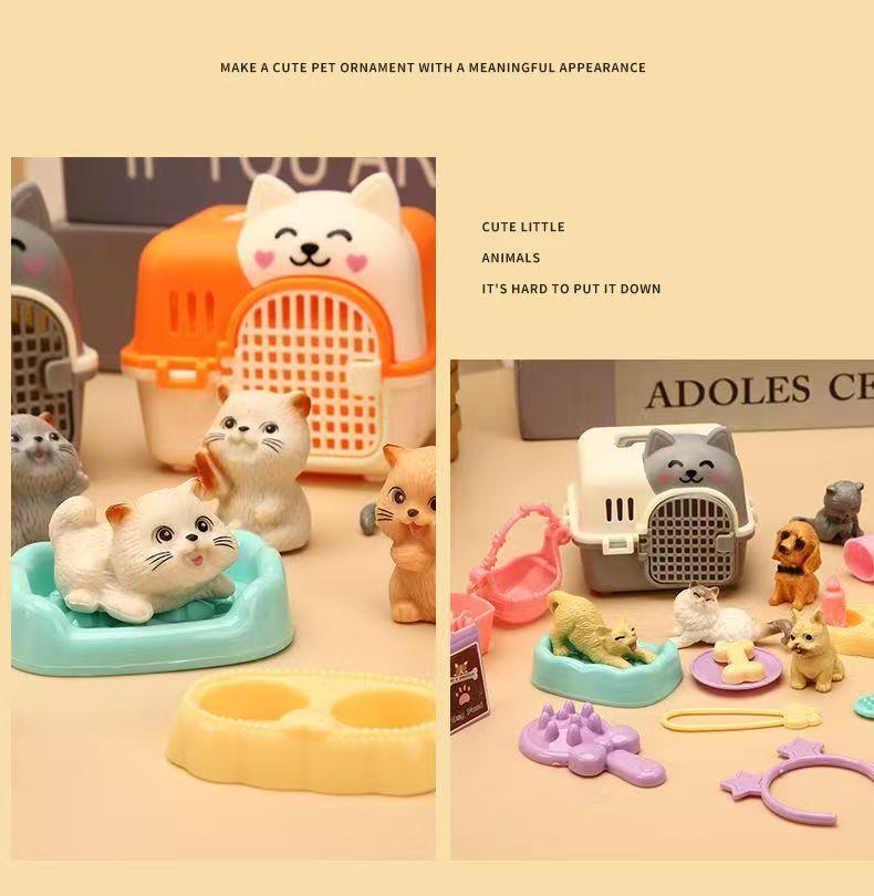 Mini-Tierkatze-Hund-Figur Spielset, Rollenspiel-Tierpflege-Spielzeugset mit Käfig-Futterzubehör für Kinder