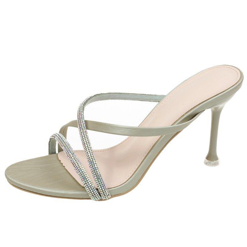 New style high-heeled medium-heeled shoes round head European and American slippers one-character rhinestone sandals for women's summer wear