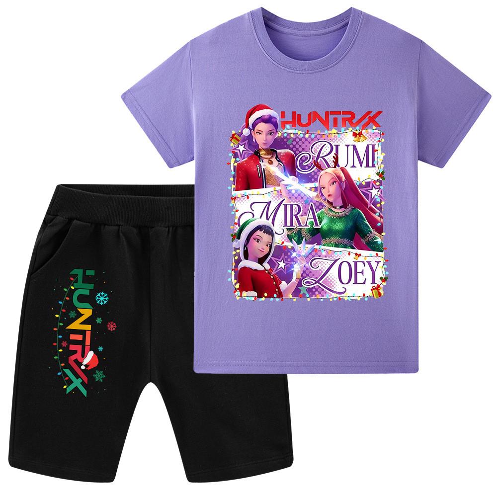 WA1265 Kids Boys Girls Kpop Rumi Zoey Mira Christmas Print Short Sleeves T-shirt Shorts Pants Sets