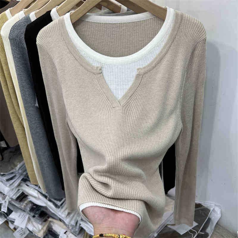 

Женская трикотажная базовая рубашка с имитацией двух частей, весенняя новинка, контрастного цвета, мягкая восковая внутренняя майка-свитер L абрикосовый