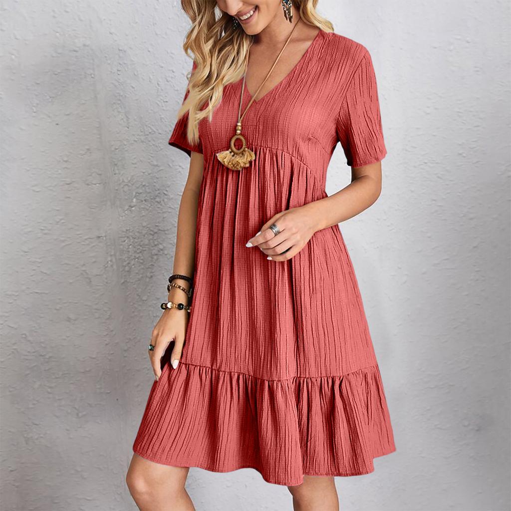 Women's  Color Casual Fashion V-neck Short Sleeved Dress
