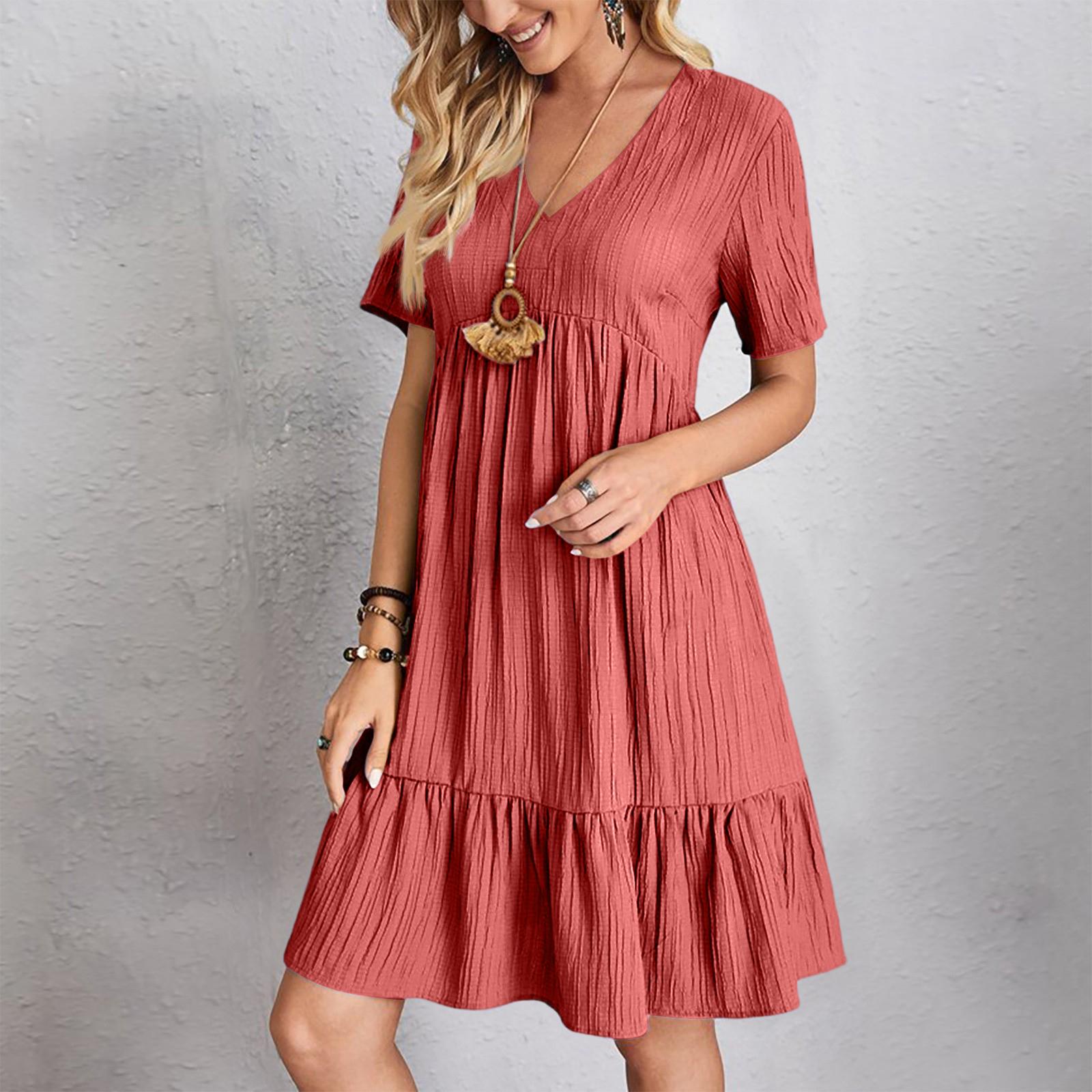 

Women s Color Casual Fashion V-neck Short Sleeved Dress S червоний