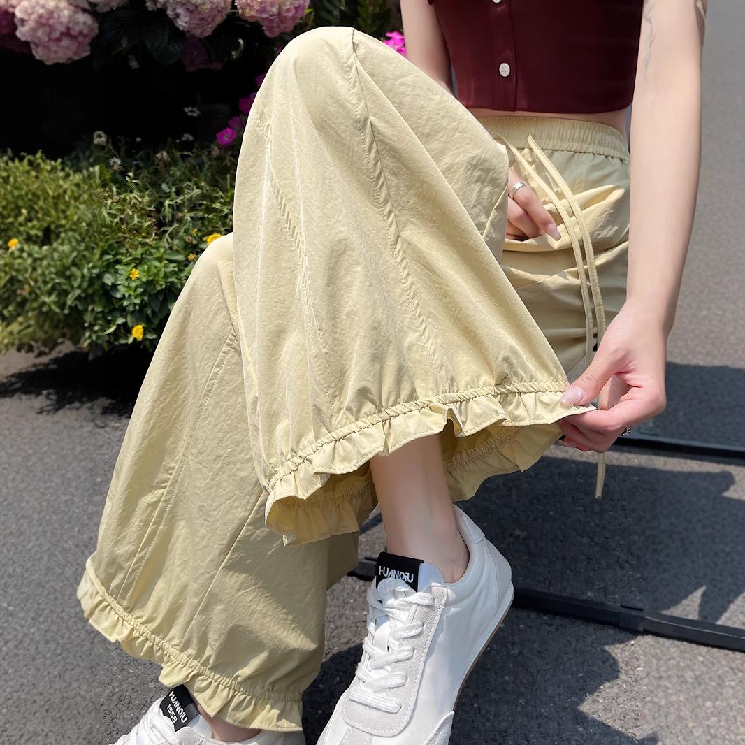 

Women s Ice Silk Wide-Leg High Waist Summer Pants - Slimming, Loose, Nine-Point, Side-Draping Style XXXL (156-170 lbs)