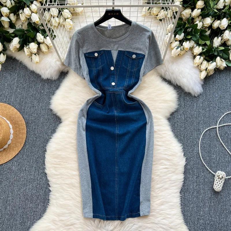 

Новое модное повседневное платье, женское контрастное винтажное джинсовое платье с короткими рукавами, облегающее платье-карандаш XL серый