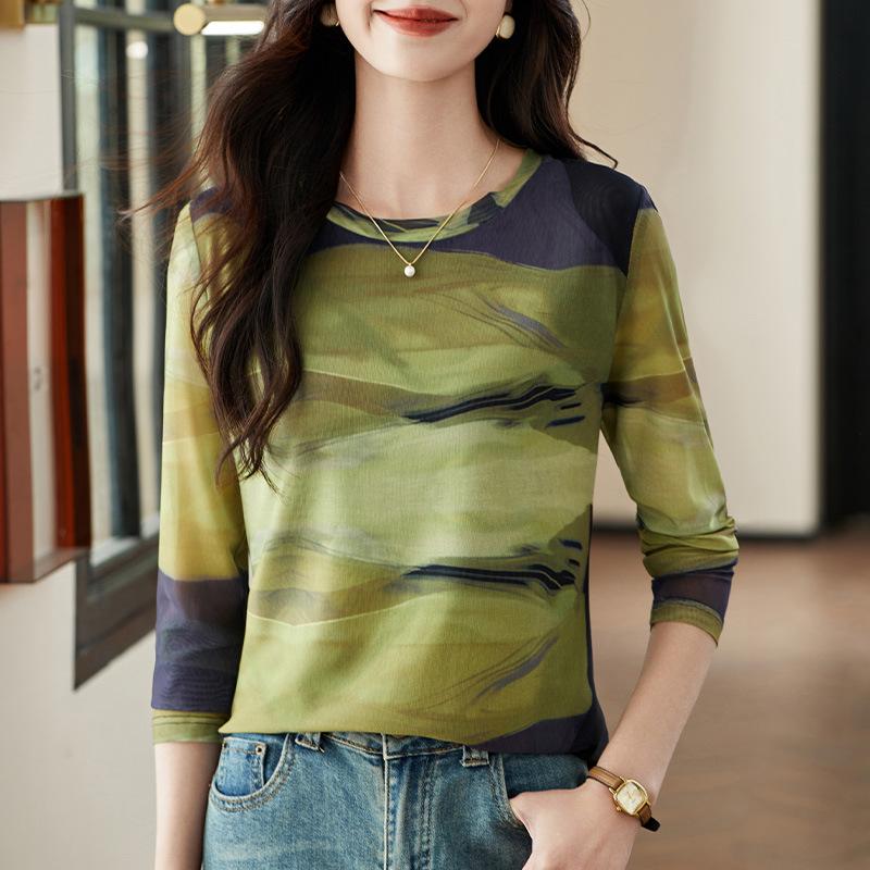 

Футболка с длинными рукавами из сетки для женщин на весну, универсальная тонкая базовая рубашка, модный топ 3XL