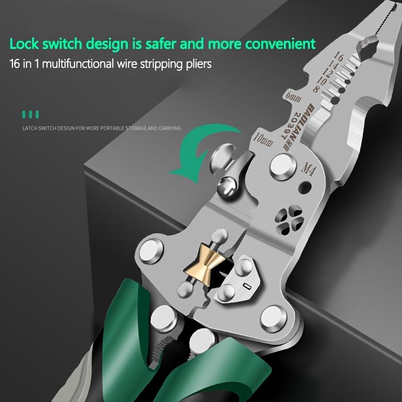 Heavy-duty multi-functional wire stripper, one-piece foldable crimping pliers with non-slip handle, made of metal.