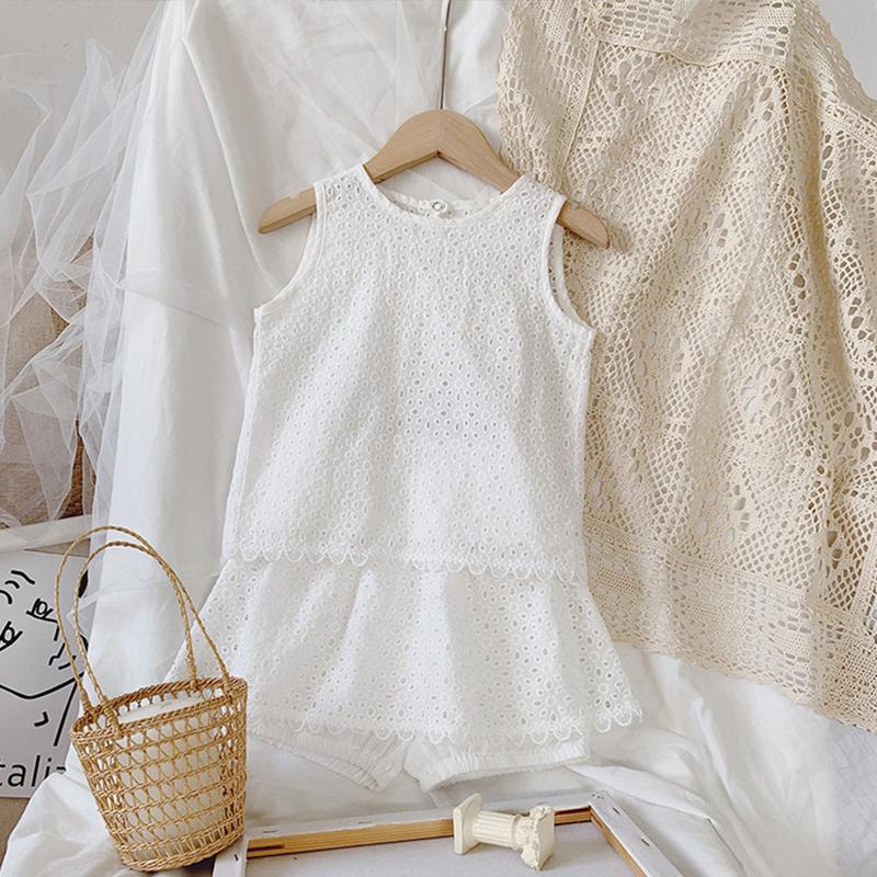 Girls Outfit Set Summer Clothing Sets Hollow Lace Suit Baby Casual Sleeveless T-shirt+Shorts Kids Clothes Sets Baby Clothes