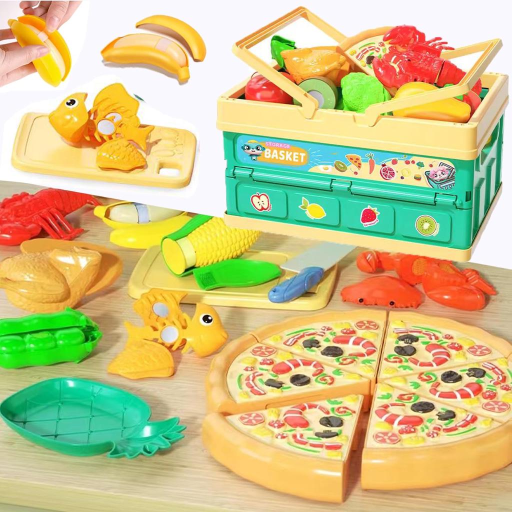 La Gacela Pretend Play Set with Storage Kitchen Pretend Luxury Birthday Kitchen Toy 55-Piece Vegetables, Fruits, Tableware, Seafood, Basket, Toy,