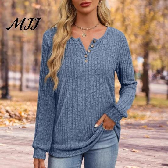 Spring Autumn Top Women Ribbed Long Sleeve Top, Loose Casual Blouse with Button, Solid Pullover Shirts Color Crew Neck ShCrew irt for Soft