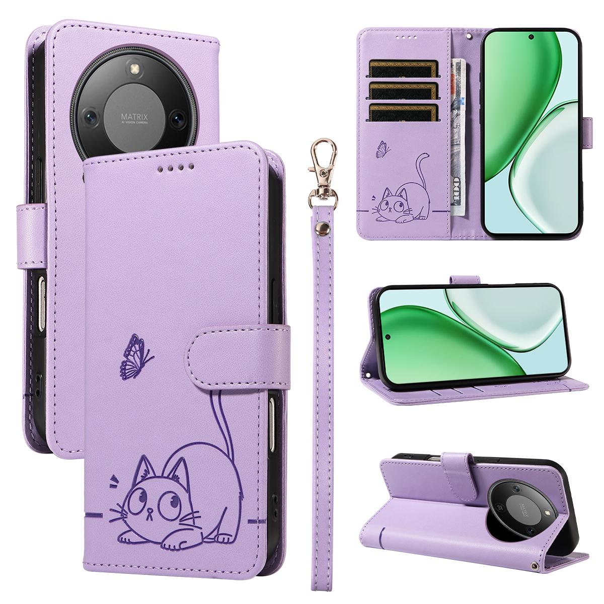 

For Honor Magic8 Lite 5G/X9d 5G/X70 5G Case Cat Pattern Imprint Leather Phone Cover with Wrist Strap