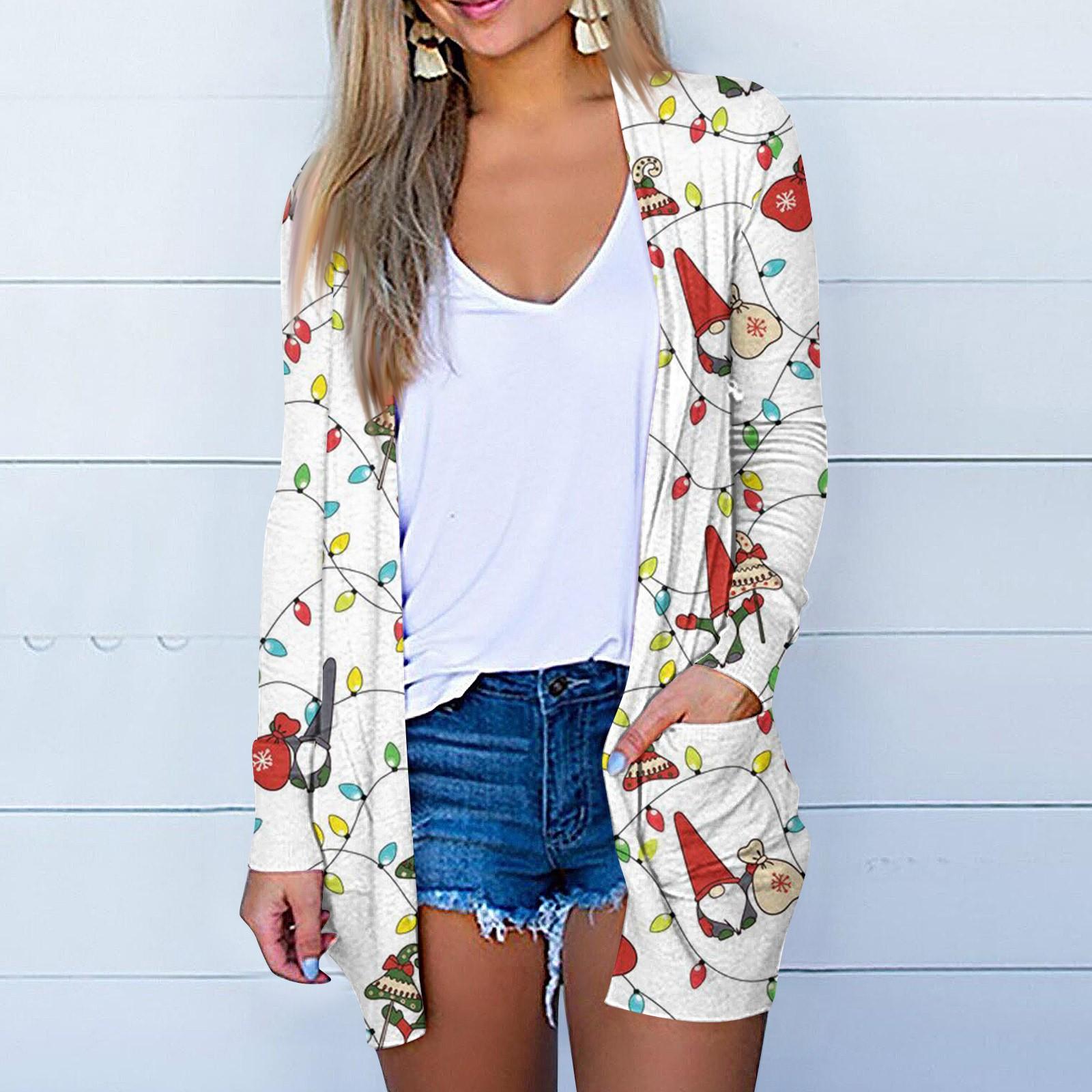 

Женский повседневный кардиган средней длины с цветочным рождественским принтом XL киноварь