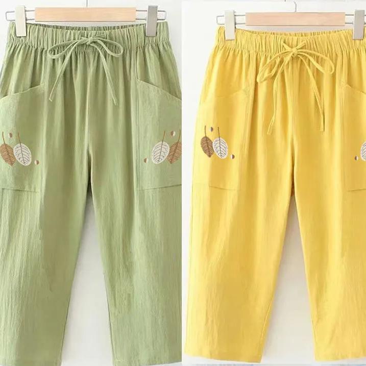 Tynne 100 % bomullsbukser, sommernye, store størrelser, broderte, rette bukser, dame, elastisk midje, allsidig, casual capris