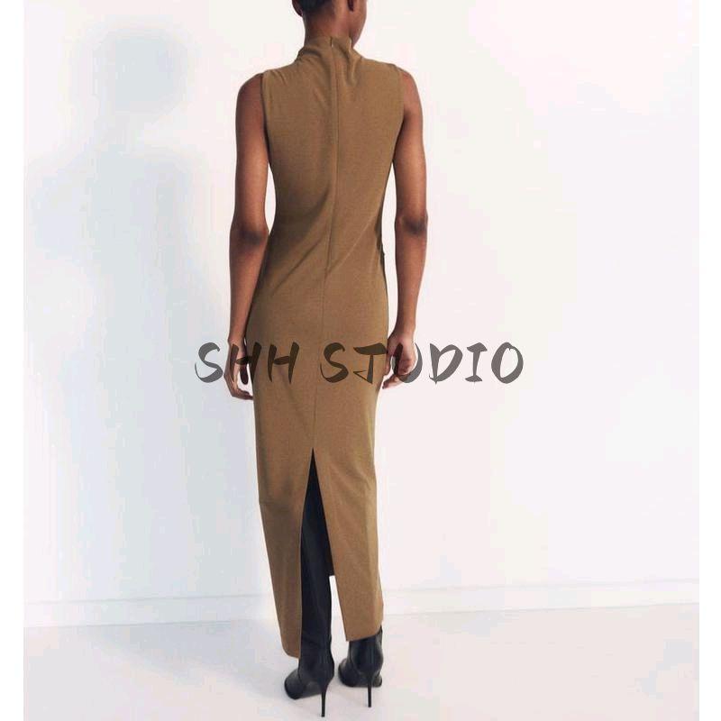 Spring New Women's Clothing Fashion Style Silm Ruched Decorative Stand Collar Sleeveless Midi Skirt Dress 4772305