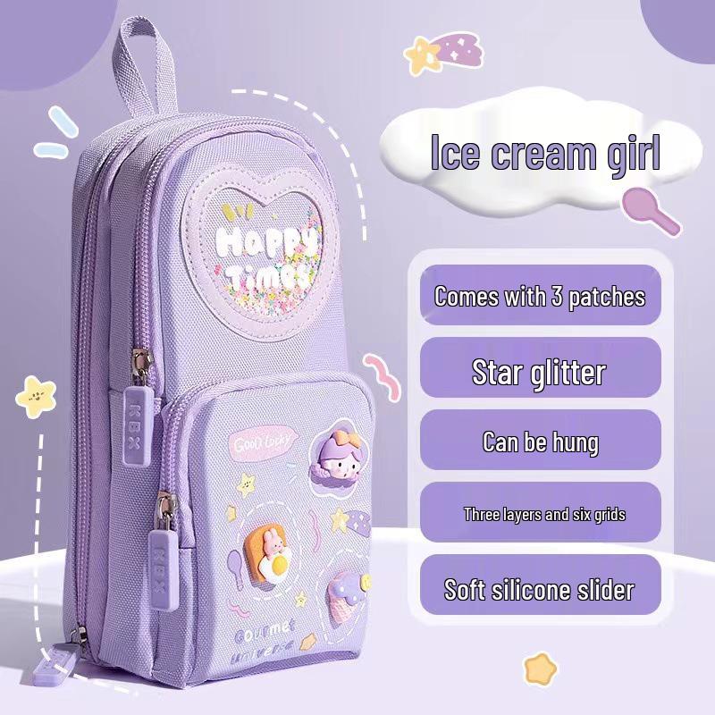 Three-Layer Large-Capacity Cartoon Pencil Case for Primary School Girls - Cute and Simple Design