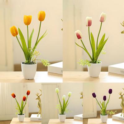 Artificial Flowers Kit with Pot Silk Rose Tulip with Plastic Vase Small Bonsai Centerpieces Decor Home Office Flower Arrangement