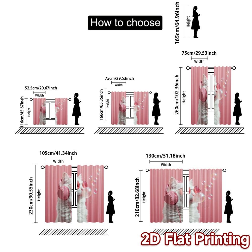 2pcs, 2D FLAT PRINTING Curtains (Without Rod) Cool Cat Harmony Popular Curtains Digital Printed 100% Polyester Curtains