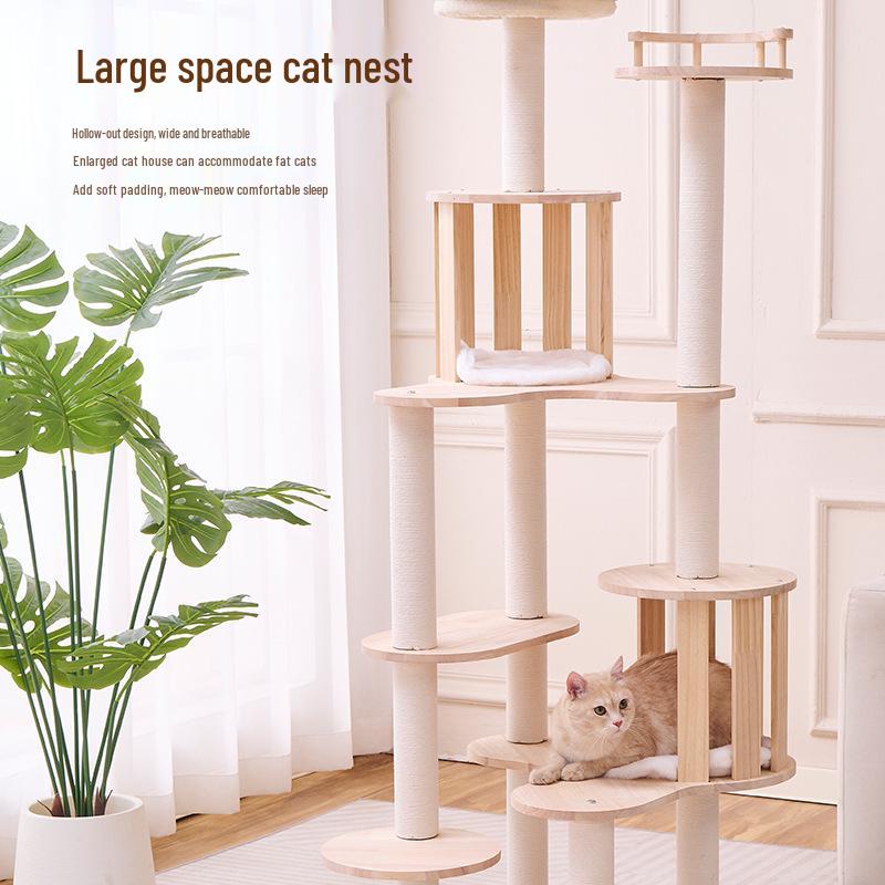 Luxury Solid Wood Multi-Level Cat Tree with Space Capsule Bed and Scratching Post