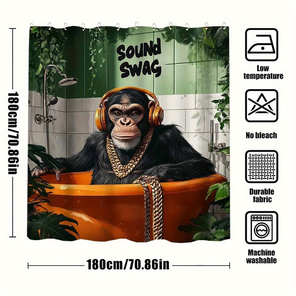 1Pc Sound Swag Gorilla In Bathtub Shower Curtain - Polyester Bathroom Decor With 12 Hooks, Machine Washable, Vibrant Jungle Desi