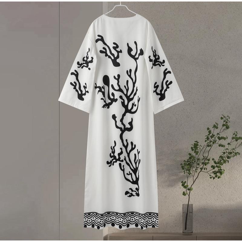 Loose Printed V Neck Women Dress Long Flare Sleeve Side Split Casual Holidays Dresses Spring Summer Elegant Beach Lady Robe