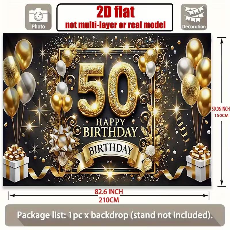 2D Black Gold Happy 50th Birthday Backdrop Glitter Balloon Party Decoration Banner