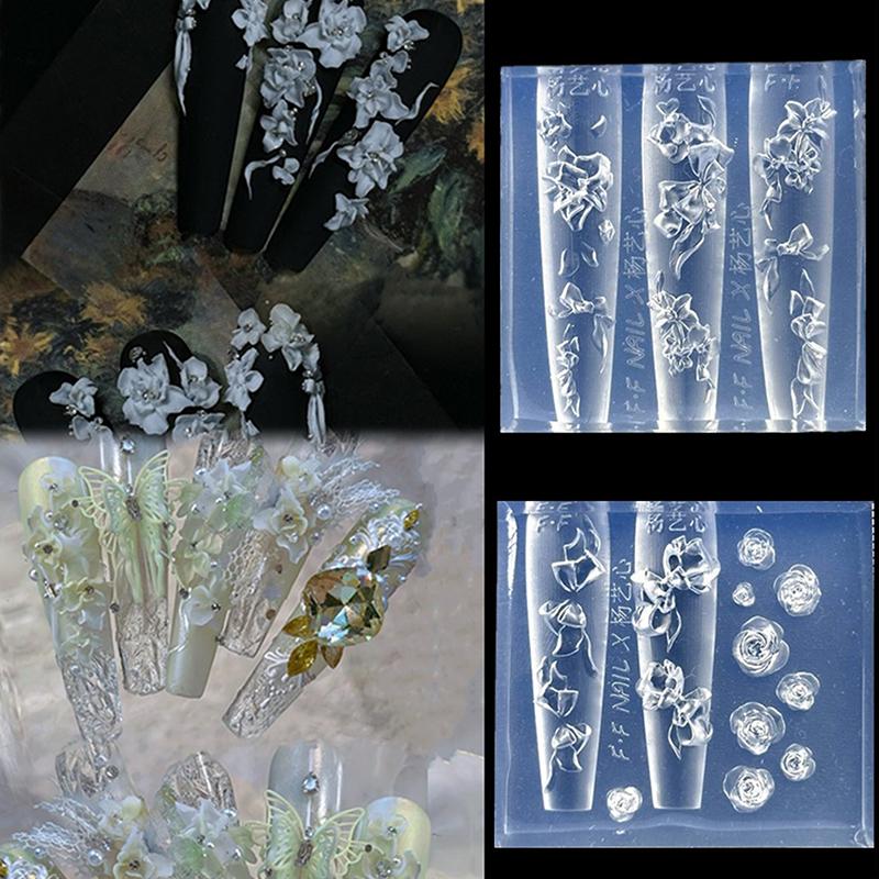 3D Silicone Bow Flower Nail Carving Mold Butterfly Rose Floral Design Transparent Template Diy Nail Art Decoration Manicure Tool