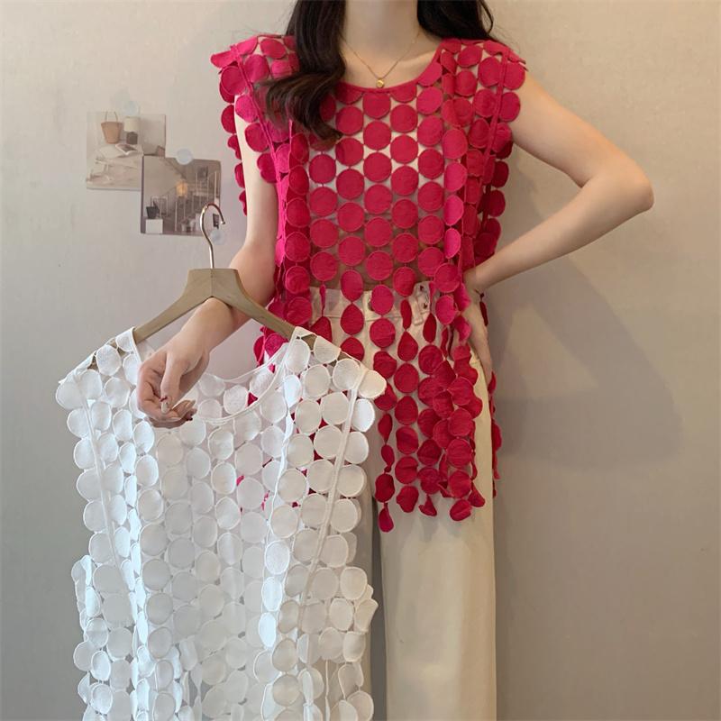 Dimanaf 2025 New T-Shirt Women Knitting Lace Vest Sleeveless Hollow Summer Style Basic Tops Tees Loose O-Neck